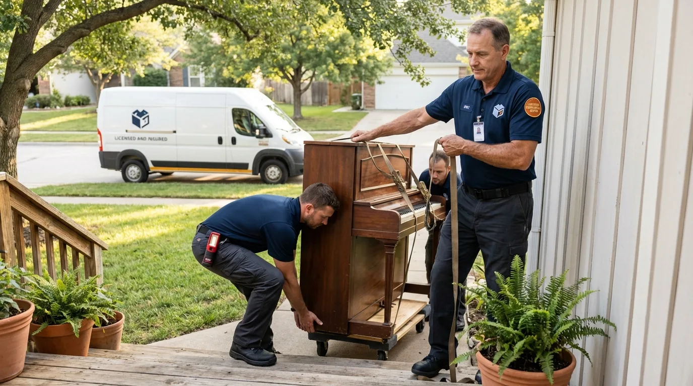 Licensed piano movers securing grand piano in Bellbrook, OH