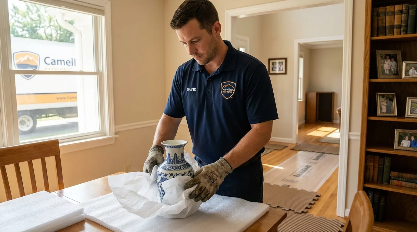 Professional crew carefully wrapping antique vase for senior downsizing move in Bellbrook, OH